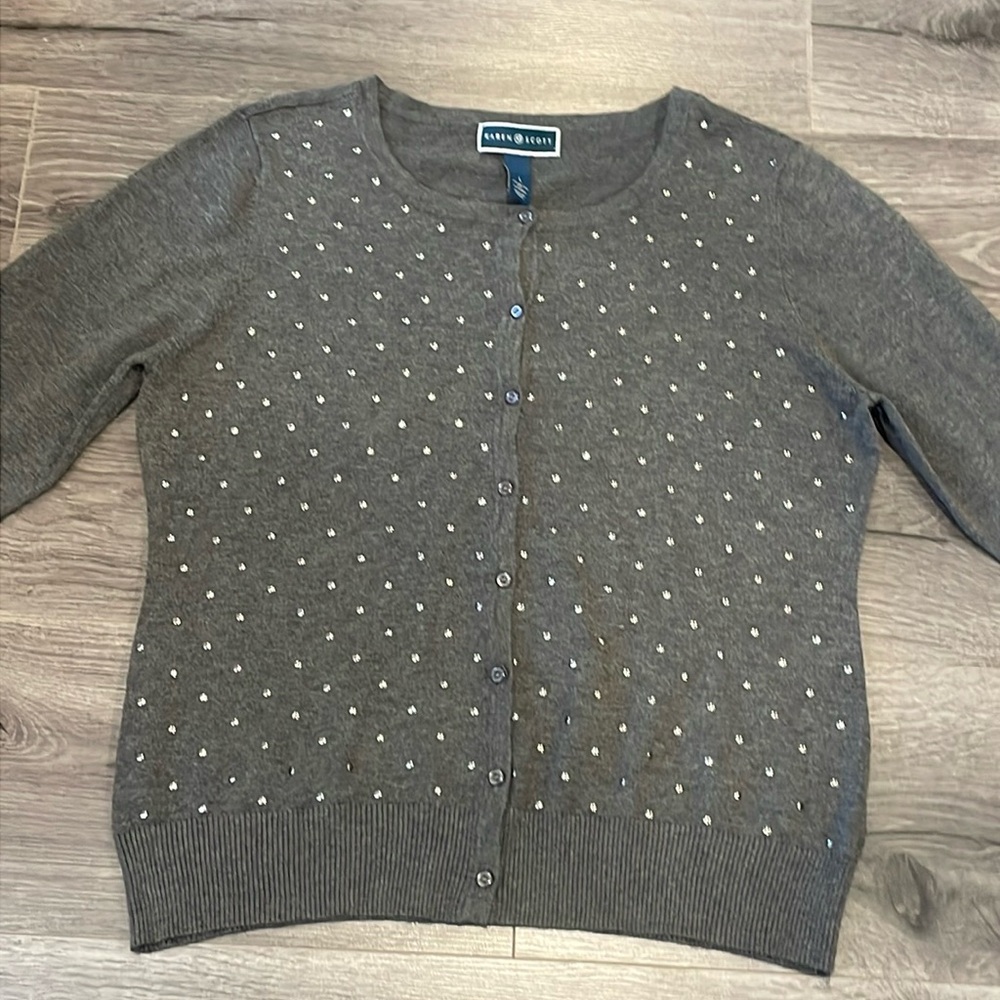 Karen Scott trendy stylish gray embellished cardigan Soft girl Preppy Modern